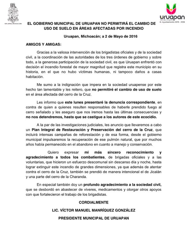 comunicado-alcalde-Uruapan-incendio-cero-de-La-Cruz