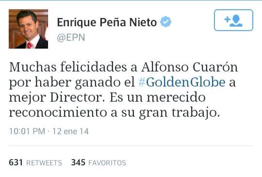 Enrique Peña Nieto felicita a Alfonso Cuarón por ganar Golden Globe como mejor director 2014