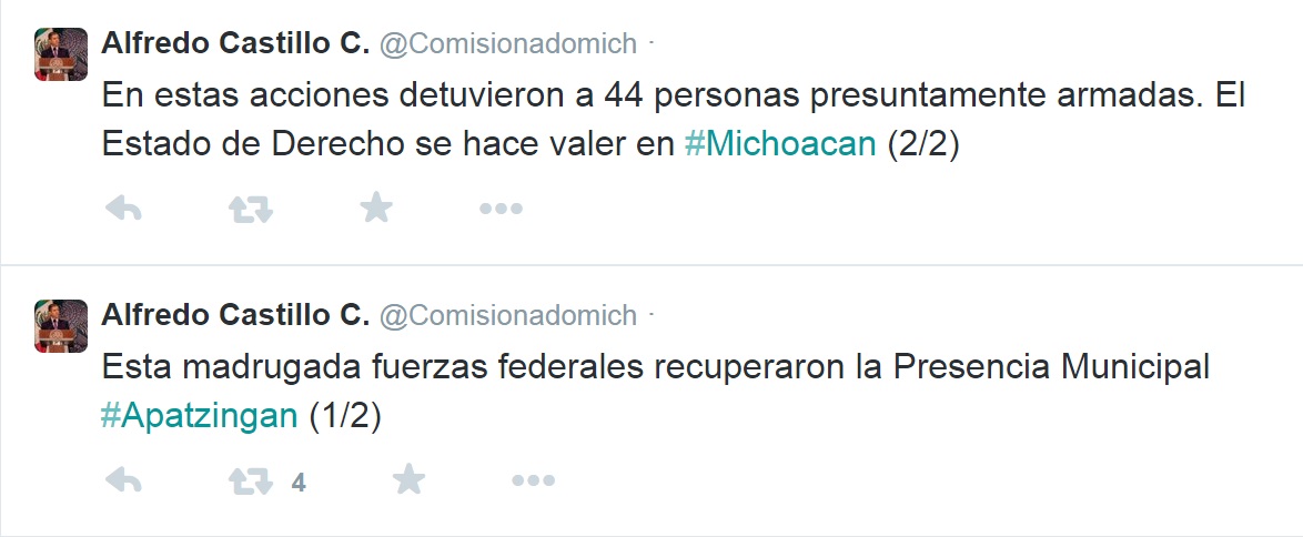 Comisionado Alfredo Castillo detenidos enfrentamientos Apatzingán 6 enero 2015