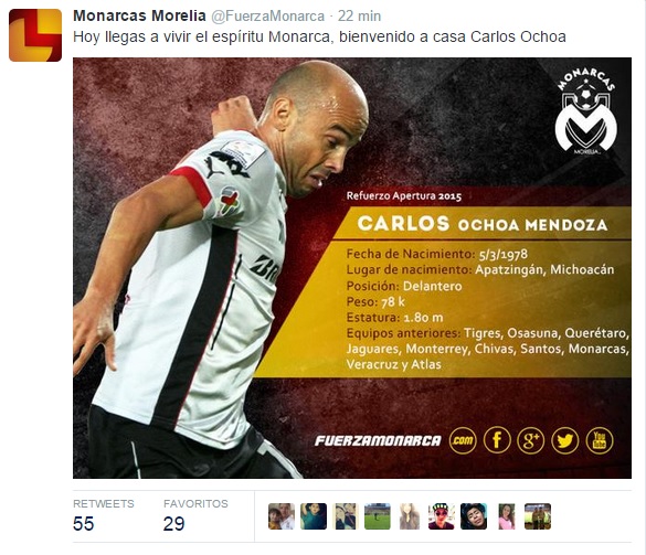 Carlos Ochoa cuando fue anunciado como refuerzo del Morelia en lo que sería su última temporada como jugador en activo