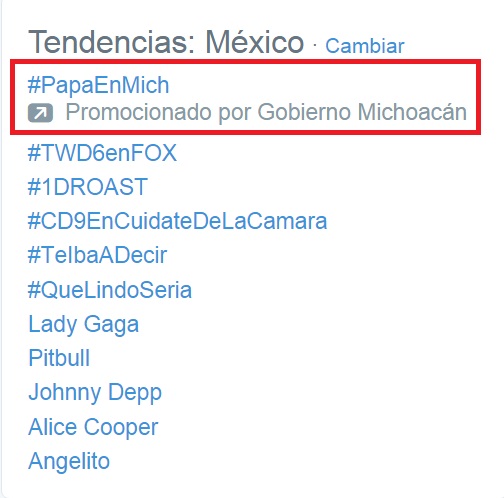 Twitter promocion #PapaEnMich Gobierno de Michoacan
