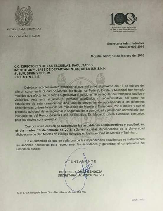 documento no clases 16 febrero UMSNH visita Papa Morelia