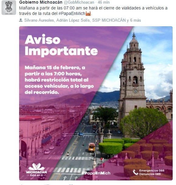 papa en morelia cierre calles anuncio gobierno