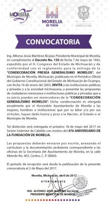 convocatoria para la Condecoración Generalísimo Morelos