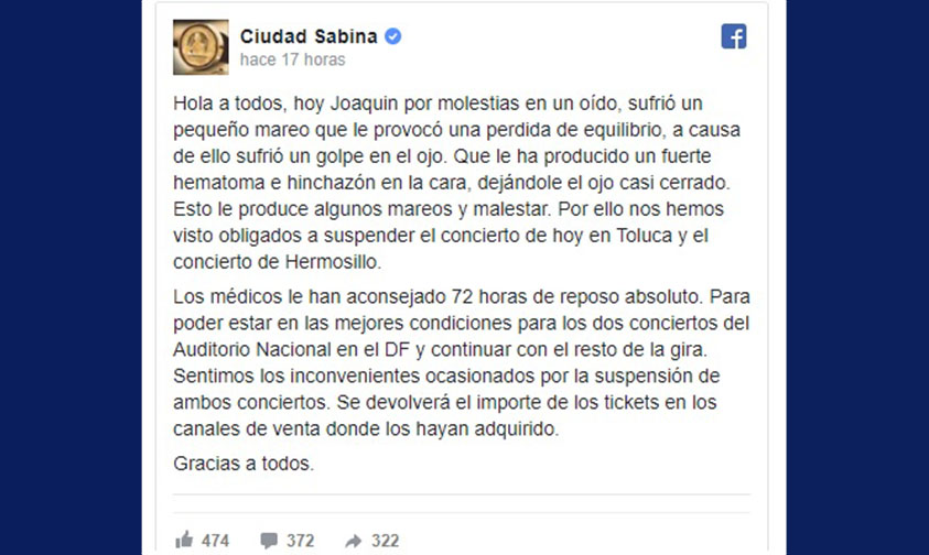 Joaquín Sabina cancelación concierto